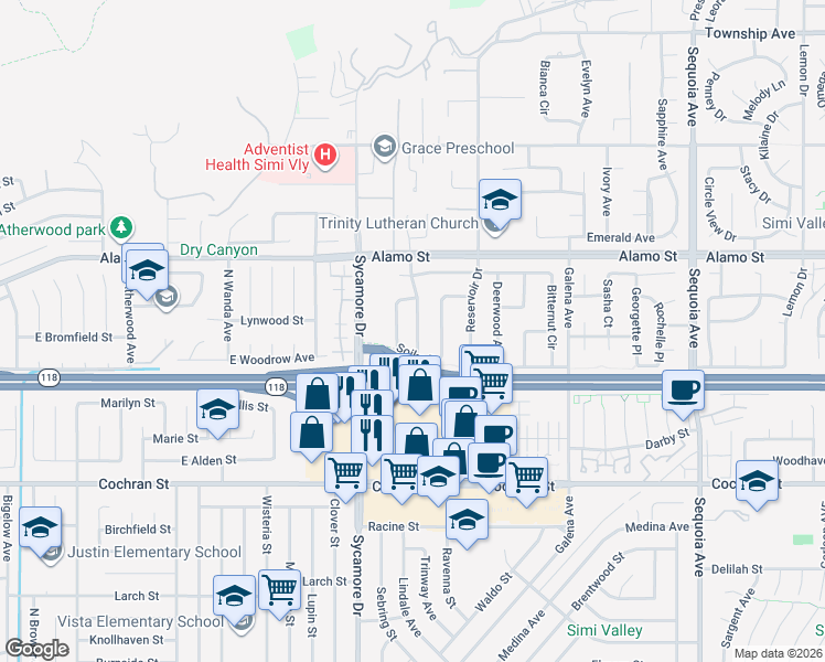 map of restaurants, bars, coffee shops, grocery stores, and more near 2665 Cimmaron Avenue in Simi Valley