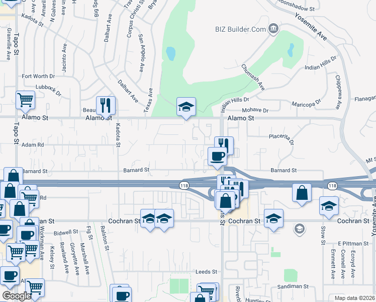 map of restaurants, bars, coffee shops, grocery stores, and more near 5058 Alta Street in Simi Valley