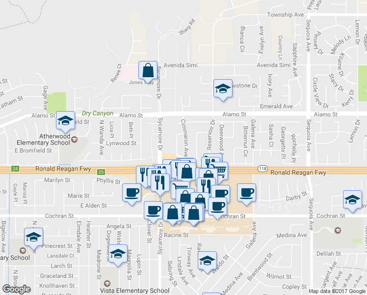 map of restaurants, bars, coffee shops, grocery stores, and more near 2665 Cimmaron Avenue in Simi Valley