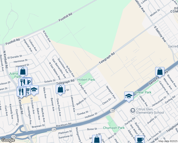 map of restaurants, bars, coffee shops, grocery stores, and more near Telegraph Rd & Cambria Ave in Ventura
