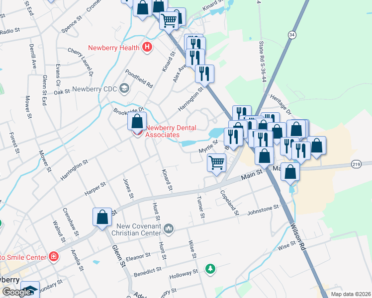 map of restaurants, bars, coffee shops, grocery stores, and more near 2601 Myrtle Street in Newberry