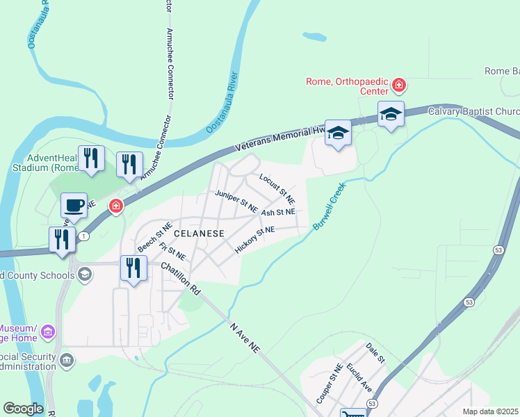 map of restaurants, bars, coffee shops, grocery stores, and more near 32 Juniper Street Northeast in Rome