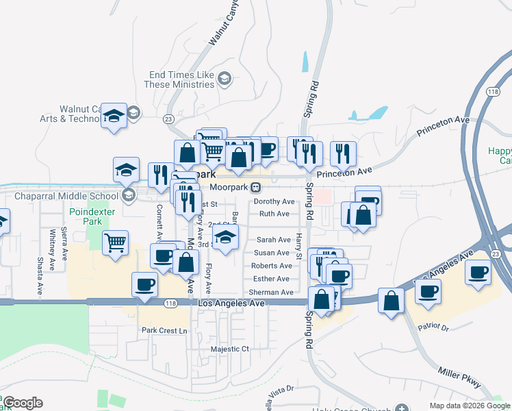 map of restaurants, bars, coffee shops, grocery stores, and more near 270 Dorothy Ave in Moorpark