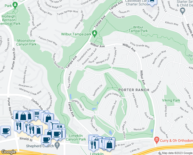 map of restaurants, bars, coffee shops, grocery stores, and more near 11776 Seminole Circle in Los Angeles
