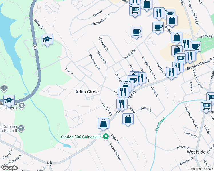 map of restaurants, bars, coffee shops, grocery stores, and more near 2054 Spring Road in Gainesville