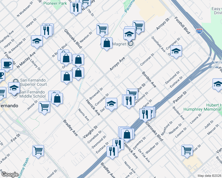 map of restaurants, bars, coffee shops, grocery stores, and more near 13315 Corcoran Street in San Fernando