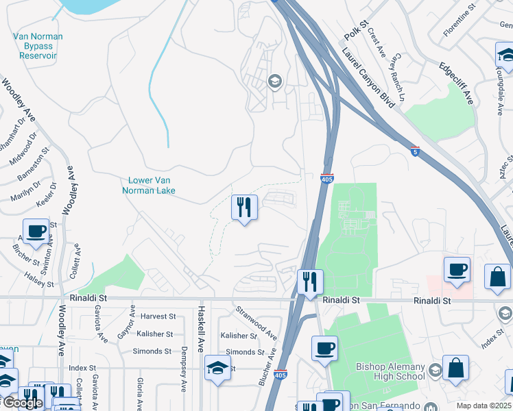 map of restaurants, bars, coffee shops, grocery stores, and more near 15601 Odyssey Drive in Los Angeles