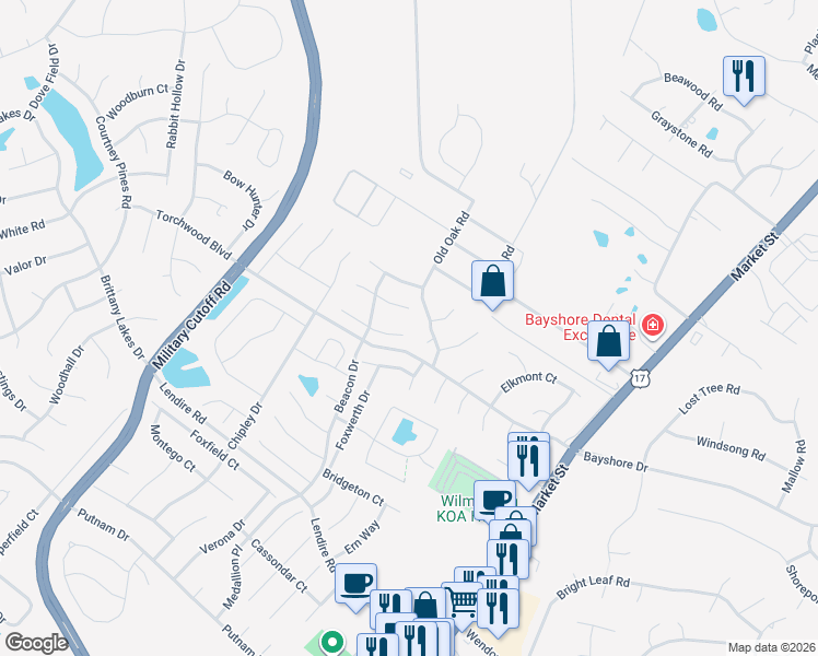 map of restaurants, bars, coffee shops, grocery stores, and more near 300 Endicott Court in Wilmington