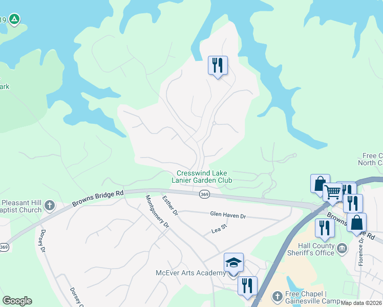 map of restaurants, bars, coffee shops, grocery stores, and more near 3345 Locust Cove Road in Gainesville