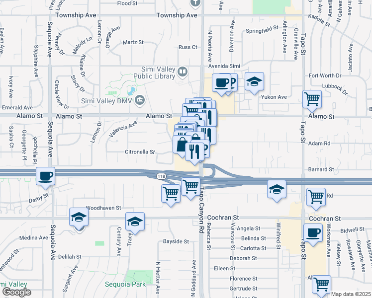map of restaurants, bars, coffee shops, grocery stores, and more near 2679 Tapo Canyon Road in Simi Valley