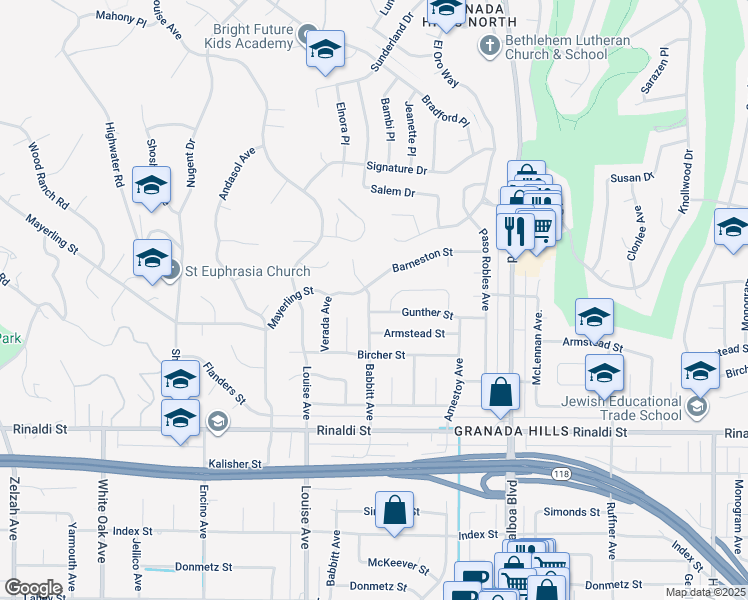 map of restaurants, bars, coffee shops, grocery stores, and more near 11708 Babbitt Avenue in Los Angeles