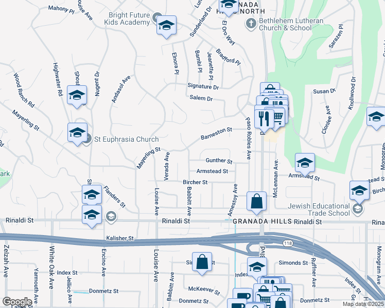 map of restaurants, bars, coffee shops, grocery stores, and more near 11708 Babbitt Avenue in Los Angeles