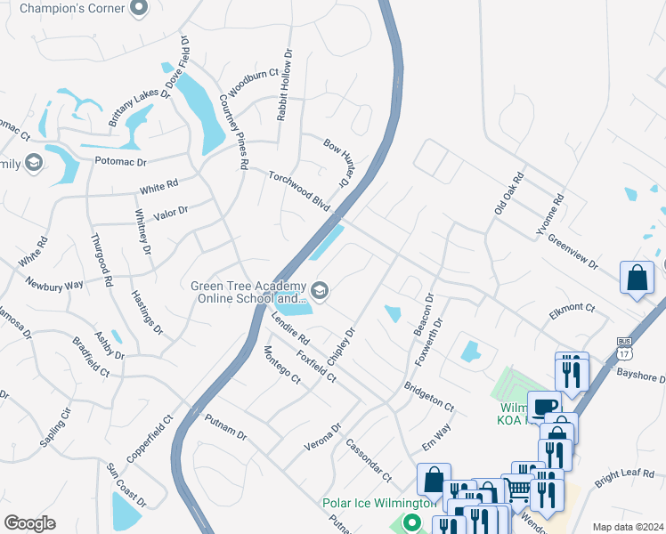 map of restaurants, bars, coffee shops, grocery stores, and more near 582 Steele Loop in Wilmington
