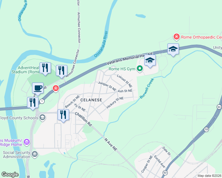 map of restaurants, bars, coffee shops, grocery stores, and more near 5 Juniper Street Northeast in Rome