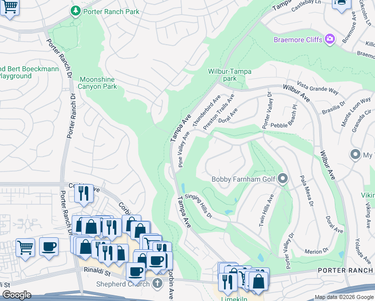 map of restaurants, bars, coffee shops, grocery stores, and more near 19628 Pine Valley Avenue in Los Angeles