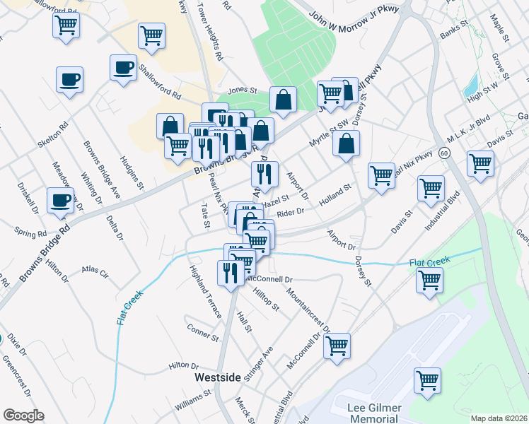 map of restaurants, bars, coffee shops, grocery stores, and more near 1328 Hazel Street in Gainesville