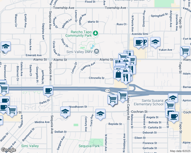 map of restaurants, bars, coffee shops, grocery stores, and more near 3725 Citronella Street in Simi Valley