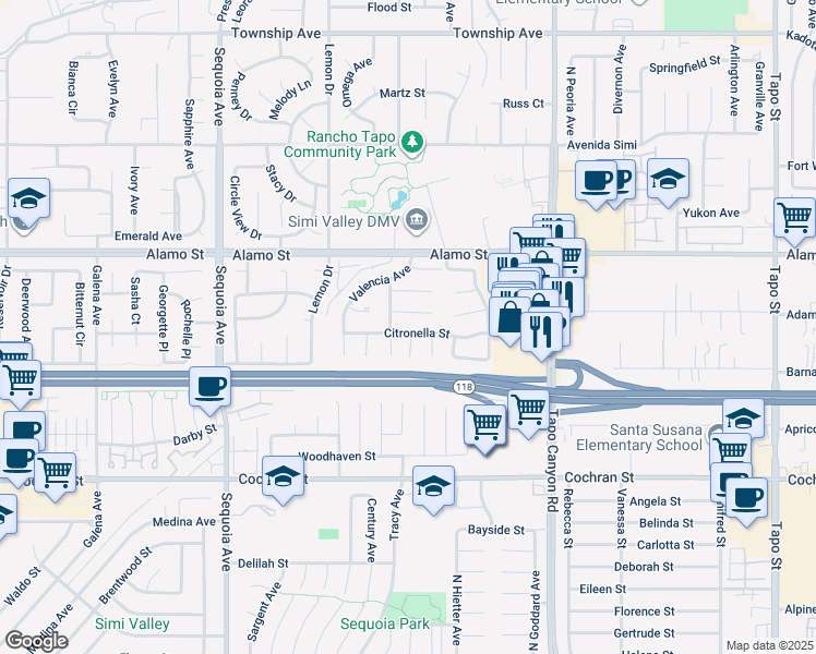 map of restaurants, bars, coffee shops, grocery stores, and more near 3725 Citronella Street in Simi Valley