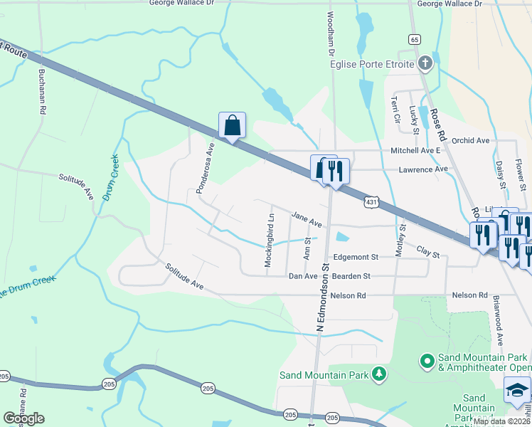 map of restaurants, bars, coffee shops, grocery stores, and more near 522 Mockingbird Lane in Albertville