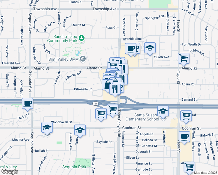 map of restaurants, bars, coffee shops, grocery stores, and more near 2679 Tapo Canyon Road in Simi Valley