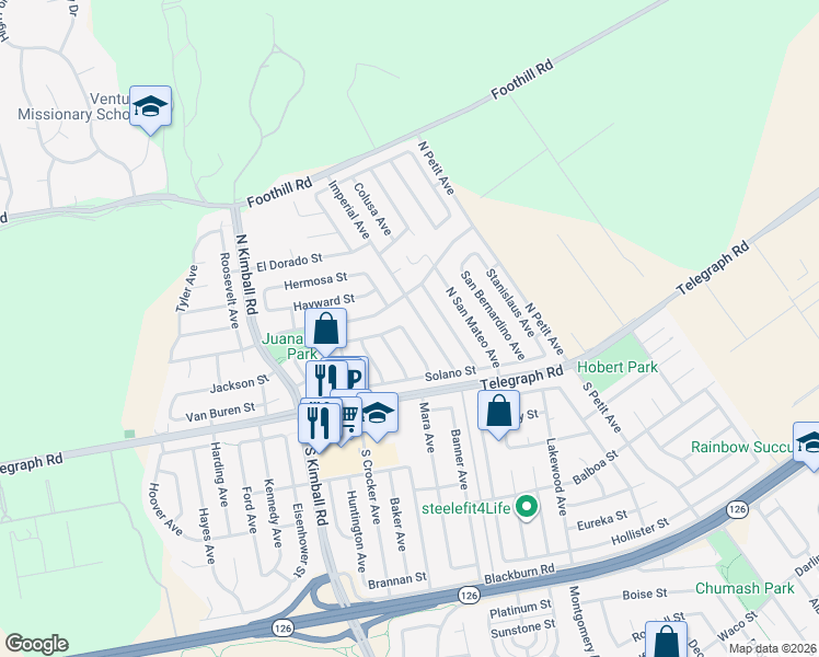 map of restaurants, bars, coffee shops, grocery stores, and more near 114 Alhambra Avenue in Ventura