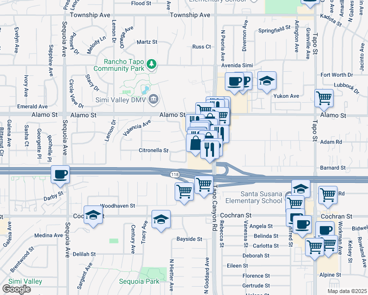 map of restaurants, bars, coffee shops, grocery stores, and more near 3891 Citronella Street in Simi Valley