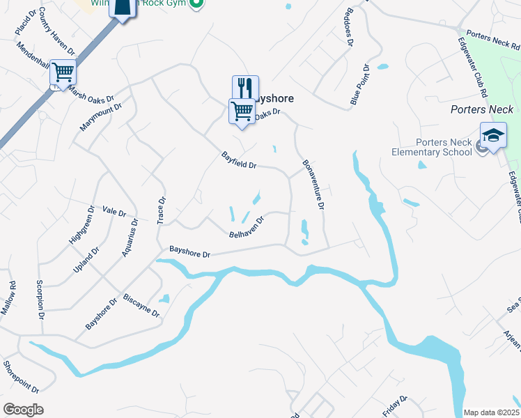 map of restaurants, bars, coffee shops, grocery stores, and more near 639 Belhaven Drive in Wilmington