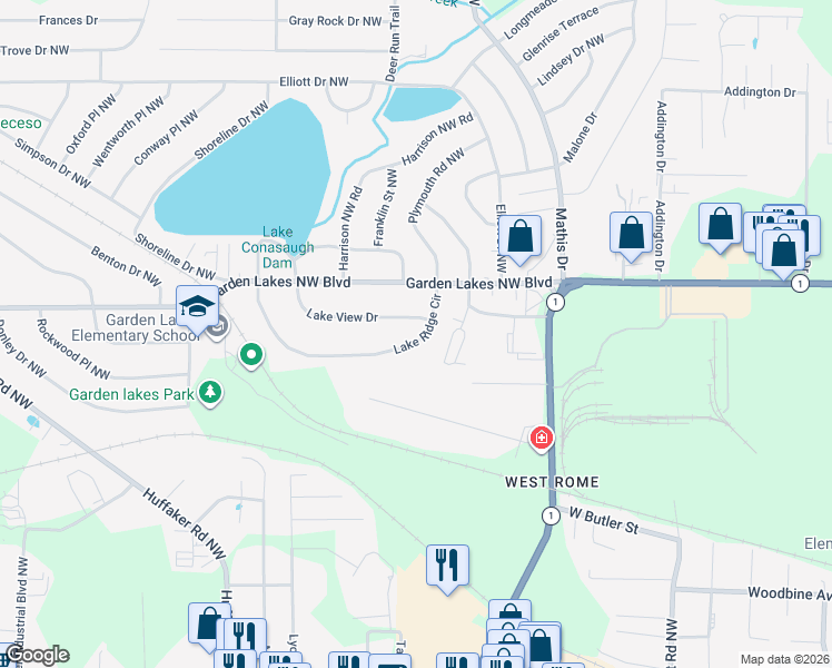 map of restaurants, bars, coffee shops, grocery stores, and more near 2604 Lakeridge Circle Northwest in Rome