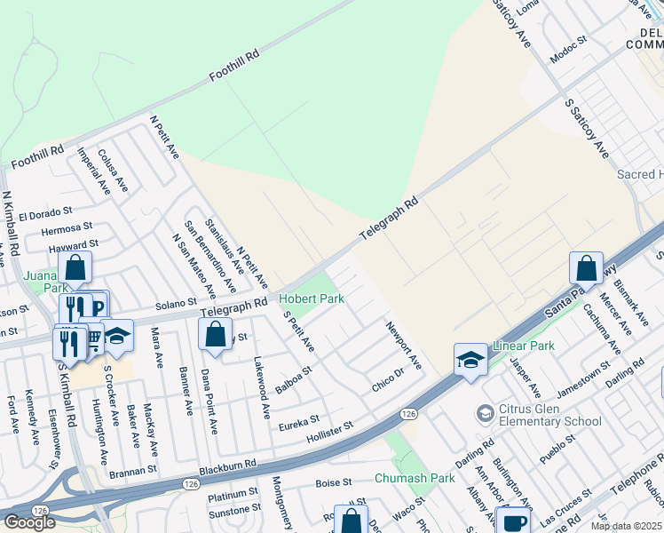 map of restaurants, bars, coffee shops, grocery stores, and more near 9540 Telegraph Road in Ventura