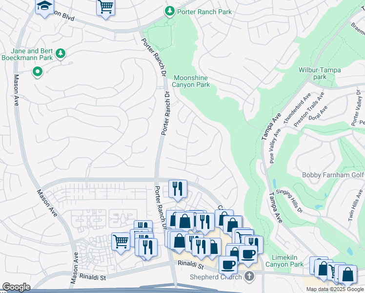 map of restaurants, bars, coffee shops, grocery stores, and more near 19907 Mid Pines Lane in Los Angeles