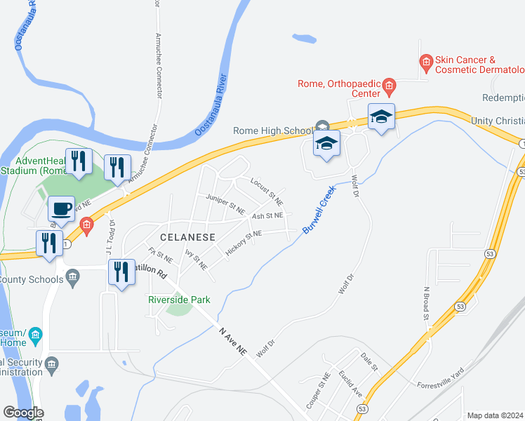 map of restaurants, bars, coffee shops, grocery stores, and more near 43 Elmwood Street Northeast in Rome
