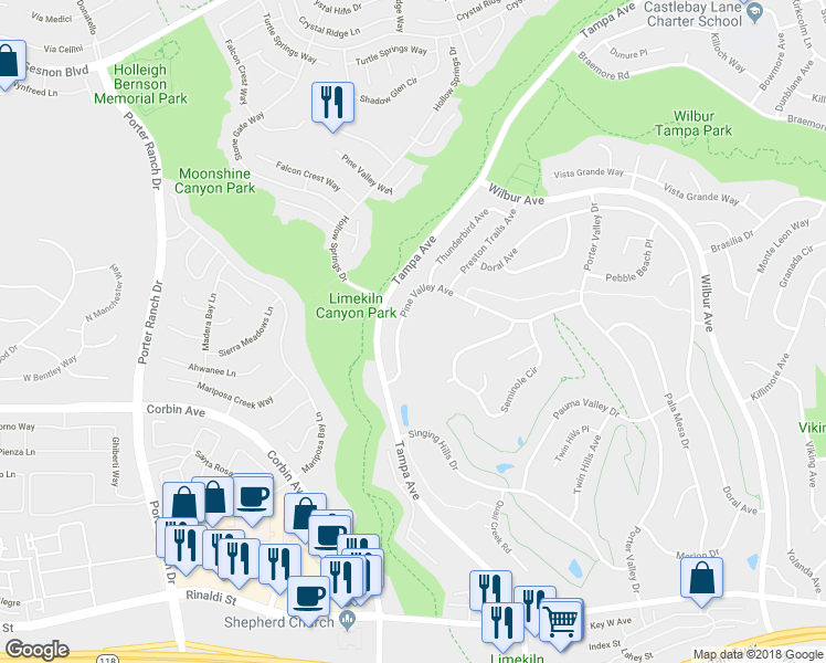 map of restaurants, bars, coffee shops, grocery stores, and more near 19628 Pine Valley Avenue in Los Angeles