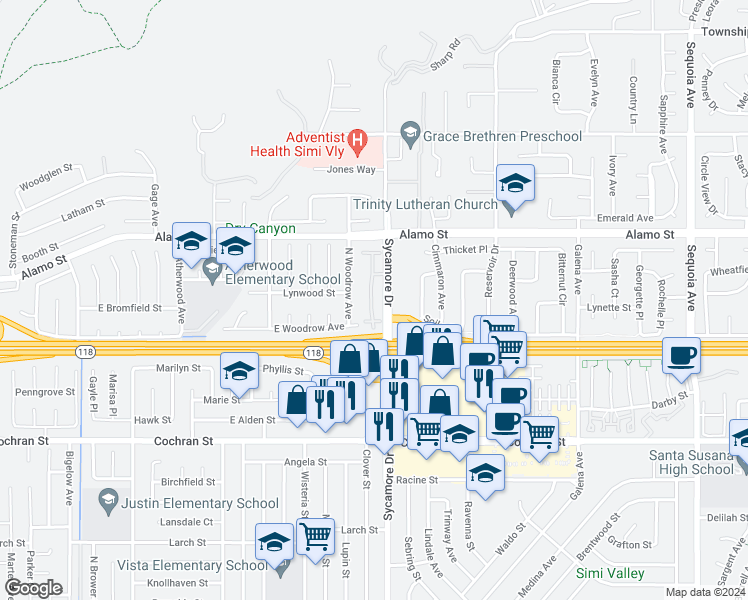 map of restaurants, bars, coffee shops, grocery stores, and more near 2650 Night Jasmine Drive in Simi Valley