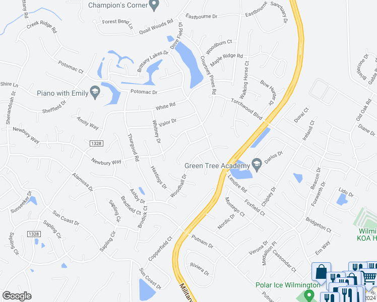 map of restaurants, bars, coffee shops, grocery stores, and more near 7234 Peppercorn Court in Wilmington
