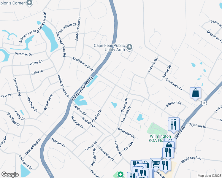 map of restaurants, bars, coffee shops, grocery stores, and more near 7475 Chipley Drive in Wilmington