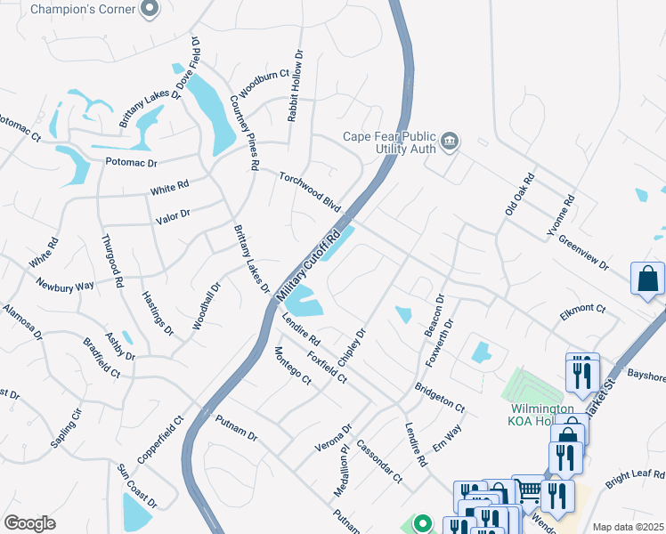 map of restaurants, bars, coffee shops, grocery stores, and more near Steele Loop in Wilmington