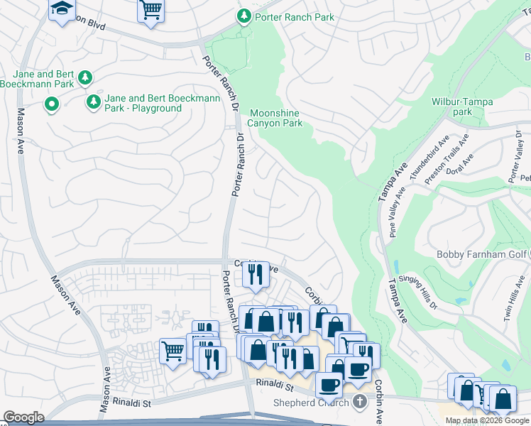 map of restaurants, bars, coffee shops, grocery stores, and more near 19901 Mid Pines Lane in Los Angeles