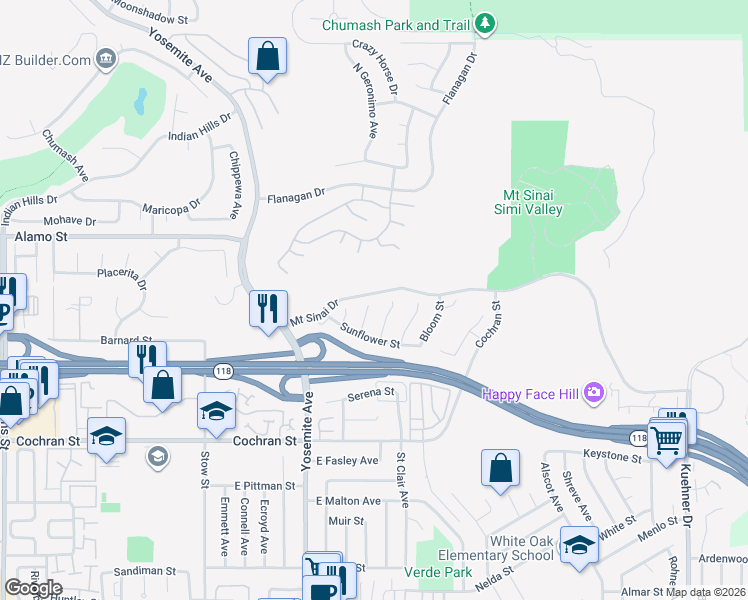 map of restaurants, bars, coffee shops, grocery stores, and more near 2692 Fallen Leaf Court in Simi Valley