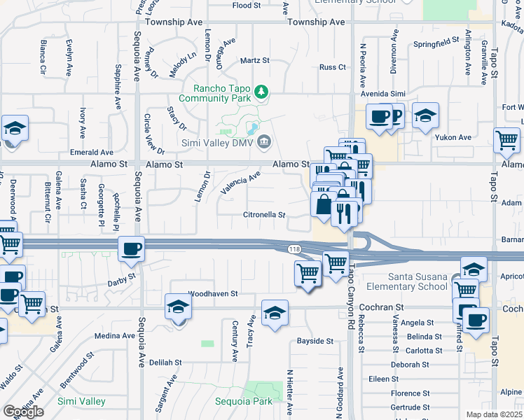 map of restaurants, bars, coffee shops, grocery stores, and more near 3725 Citronella Street in Simi Valley