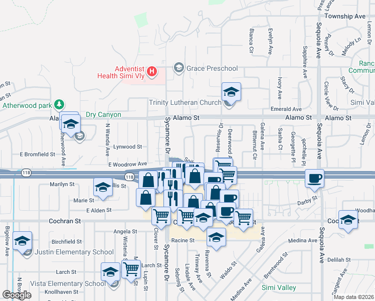 map of restaurants, bars, coffee shops, grocery stores, and more near 2686 Cimmaron Avenue in Simi Valley