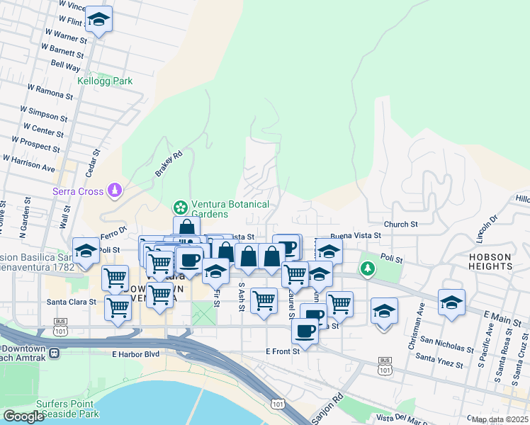 map of restaurants, bars, coffee shops, grocery stores, and more near 861 Church Street in Ventura