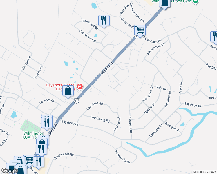 map of restaurants, bars, coffee shops, grocery stores, and more near 7716 Market Street in Wilmington