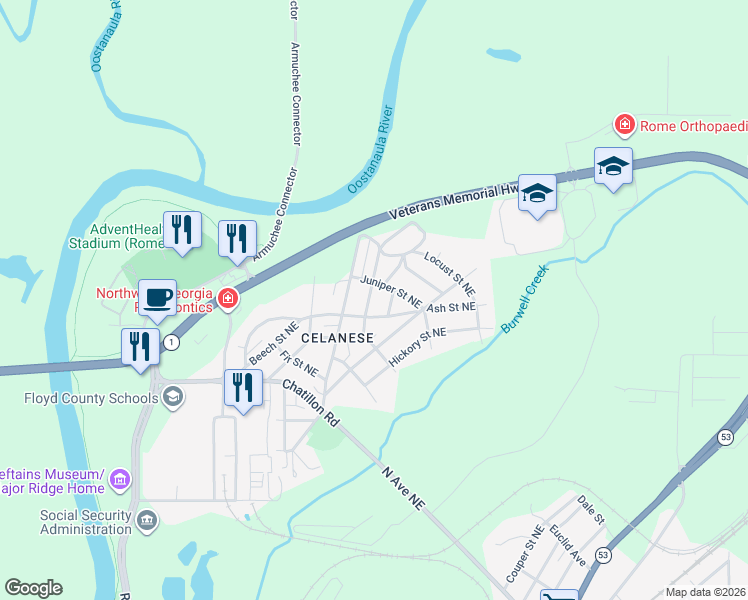 map of restaurants, bars, coffee shops, grocery stores, and more near 11 Oak Street Northeast in Rome