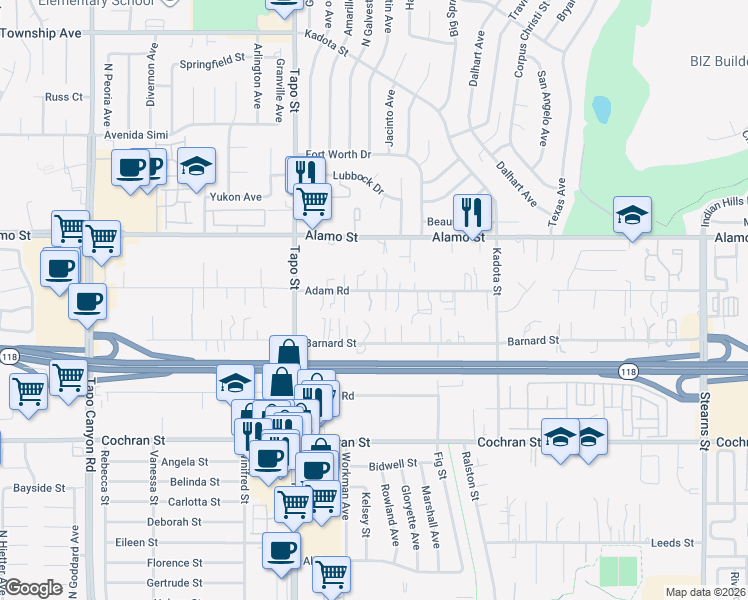 map of restaurants, bars, coffee shops, grocery stores, and more near 4550 Adam Road in Simi Valley