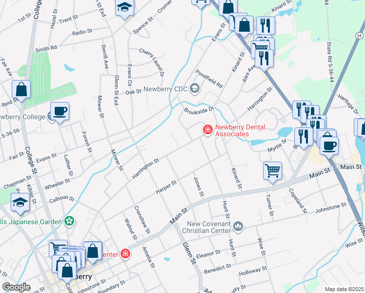 map of restaurants, bars, coffee shops, grocery stores, and more near 2204 Harrington Street in Newberry