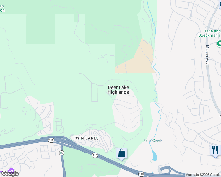 map of restaurants, bars, coffee shops, grocery stores, and more near in Deer Lake Highlands