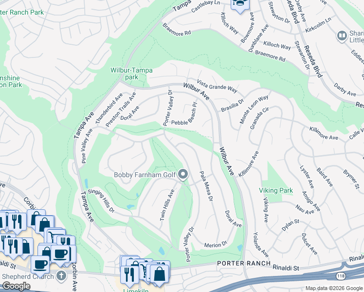 map of restaurants, bars, coffee shops, grocery stores, and more near 11743 Pala Mesa Drive in Los Angeles
