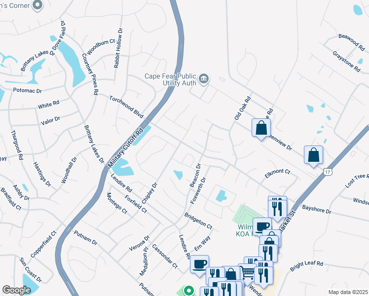 map of restaurants, bars, coffee shops, grocery stores, and more near 403 Torchwood Boulevard in Wilmington