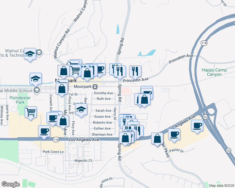 map of restaurants, bars, coffee shops, grocery stores, and more near 488 Harry Street in Moorpark