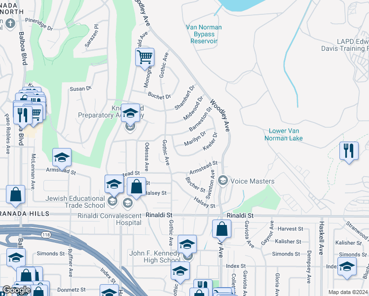 map of restaurants, bars, coffee shops, grocery stores, and more near 16348 Marilyn Drive in Los Angeles